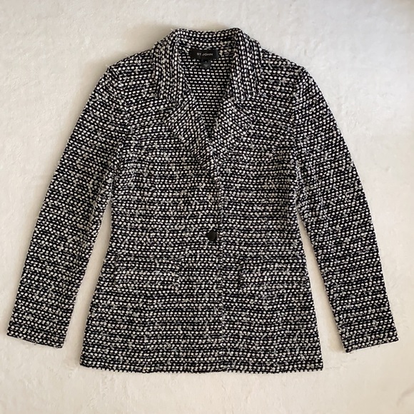 St. John | Textured Knit One Button Long Blazer Jacket Black/White (10) - Picture 16 of 16